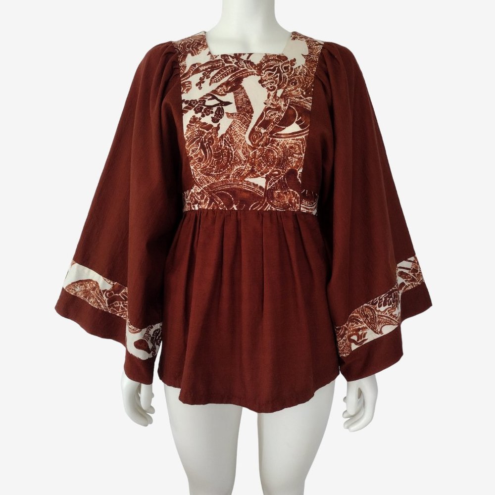Vintage 1960s Brown Bohemian Fit and Flare Bell Sleeve Tunic Top Size S